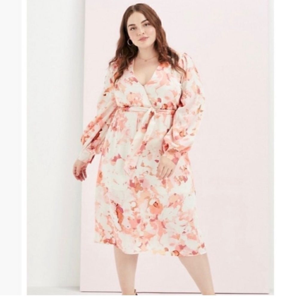 JustFab Floral Long Sleeve Surplice Tie Waist Midi Dress | SZ 2X